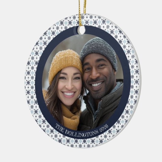 青い雪モダン片の両面フォトホリデーセンター セラミックオーナメント (左)