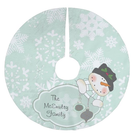 青い雪片および雪だるまの休日の木のスカート ブラッシュドポリエステルツリースカート (正面)