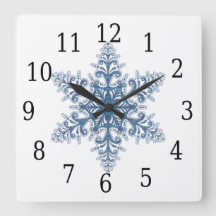 青い雪片の四角時計 スクエア壁時計