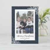青い雪片の書道写真のクリスマスカード シーズンカード (スタンド正面)