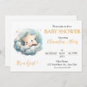 青い雲のキュートな水彩の小さな星 招待状 (正面/裏面)