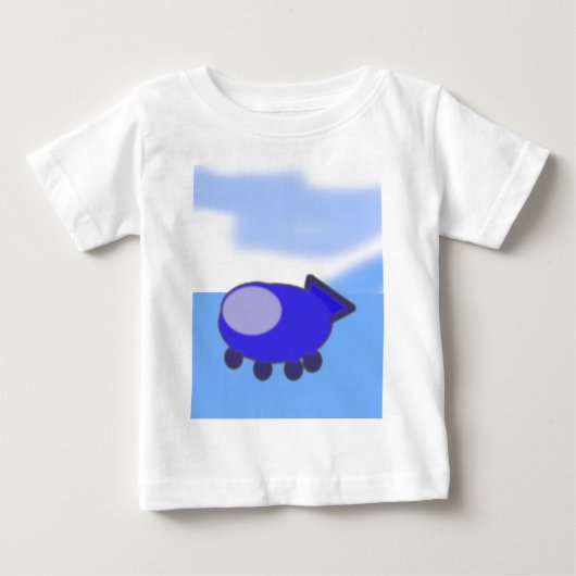 青い雲の上にかわいい青フランスのい宇宙船 ベビーTシャツ (正面)