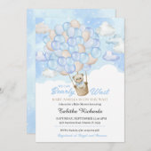 青い雲テディベア熱い空気バルーンベビーシャワー 招待状 (正面/裏面)