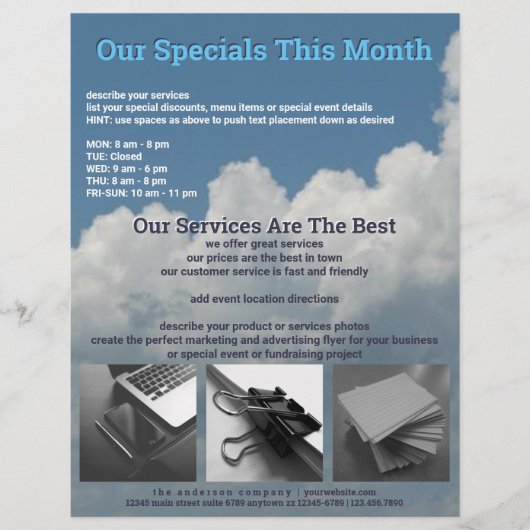 青い雲2枚の写真を追加ビジネス広告の チラシ (正面)