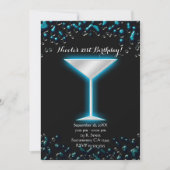青い電気の光るマーティーニ飲み 誕生日パーティー 招待状 (正面)