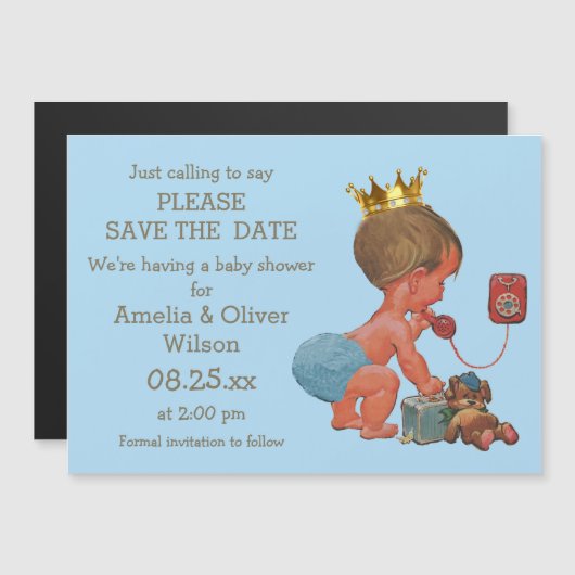 青い電話で日付の小さな王子を救う マグネット招待状 (正面/裏面)