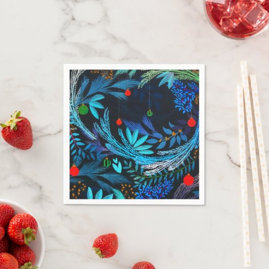 青い霜の降りたクリスマスフォレストの葉 スタンダードカクテルナプキン (インサイチュ)