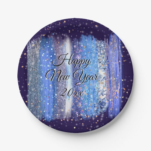 青い霜の降りたブラシストローク20xx 7年おめでとう ペーパープレート (正面)