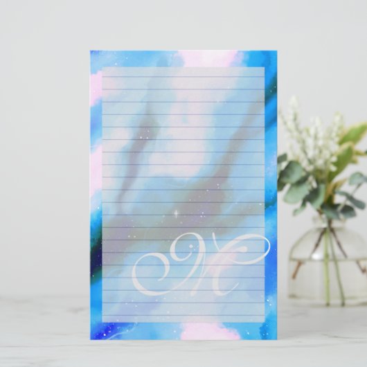 青い霜降り外宇宙抽象芸術モノグラム裏打ち 便箋 (スタンド正面)