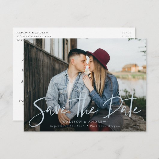 青い霧の手書き文字写真の日付を保存 案内ポストカード (正面/裏面)