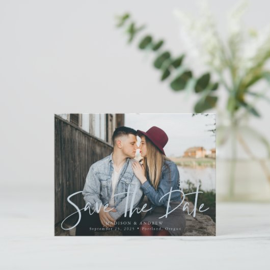 青い霧の手書き文字写真の日付を保存 案内ポストカード (スタンド正面)