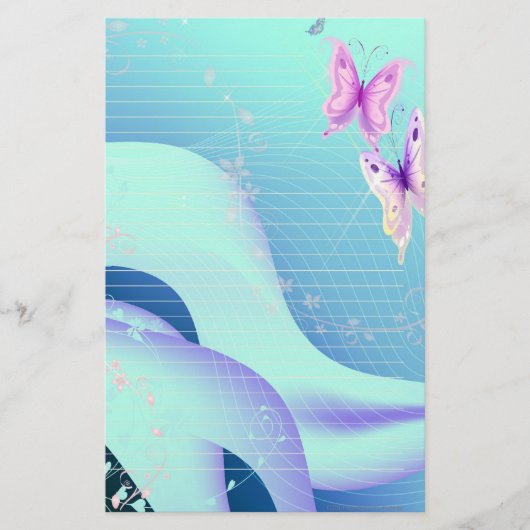 青い静止したの波のピンクの蝶 便箋 (正面)