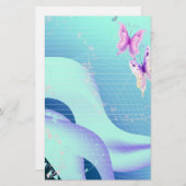 青い静止したの波のピンクの蝶 便箋 (正面/裏面)