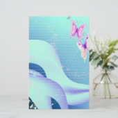 青い静止したの波のピンクの蝶 便箋 (スタンド正面)