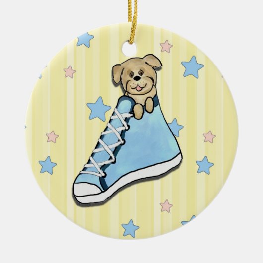 青い靴のオーナメントの子犬 セラミックオーナメント (正面)