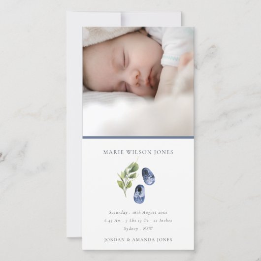 青い靴の葉の写真ベビー誕生発表 サンキューカード (正面)