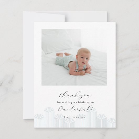 青い韓国のドルの1歳の誕生日写真ありがとう 招待状 (正面)