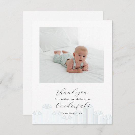 青い韓国のドルの1歳の誕生日写真ありがとう 招待状 (正面/裏面)