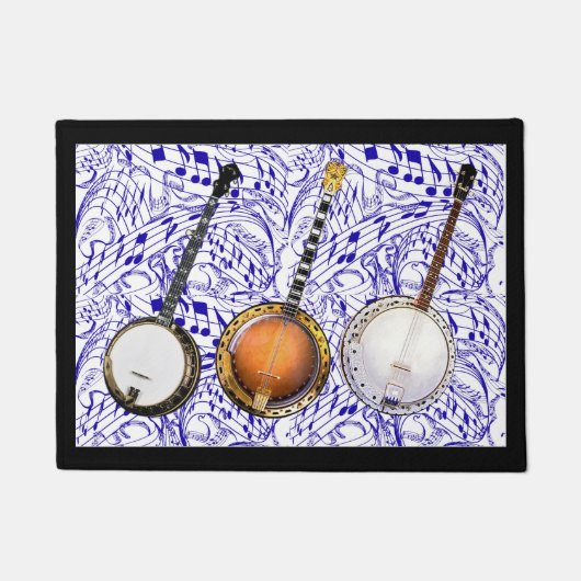 青い音楽ノートの3つのバンジョー--- ドアマット (正面)