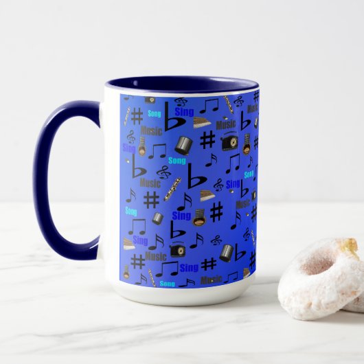 青い音符と楽器 マグカップ (ドーナツ付き)