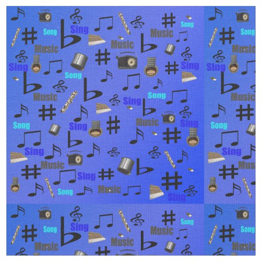 青い音符の紐と言葉 ファブリック (クローズアップ)