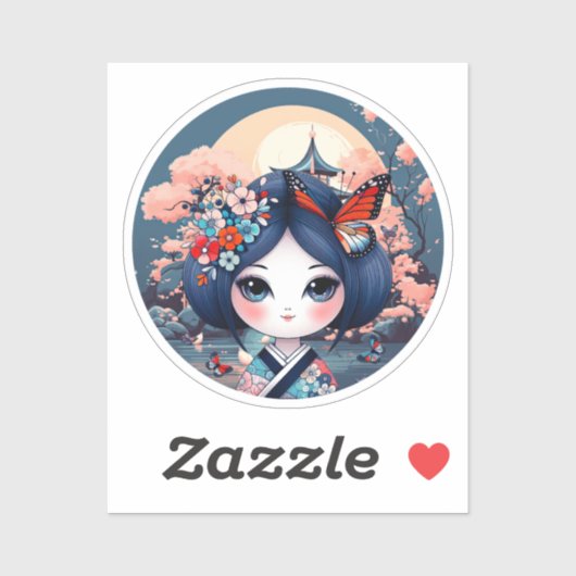 青い風景とコケシのシール シール (シート)