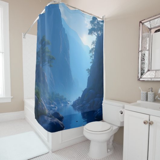 青い風景に禅の沈黙 シャワーカーテン (インサイチュ)