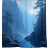 青い風景に禅の沈黙 シャワーカーテン (正面)