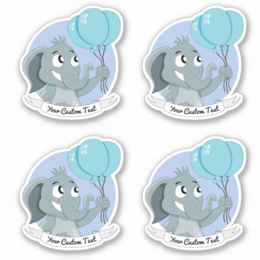 青い風船と文字の棒を持つ漫画の象 シール (正面)