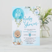 青い風船のオーボイ テディベア 赤ちゃんのお披露目 招待状 (スタンド正面)