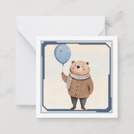 青い風船のクマちゃん ブラウンのセーターとチェックのマフラー ノートカード