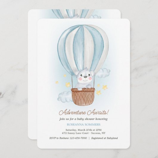 青い風船のクマのぬいぐるみからの招待状 招待状 (正面/裏面)