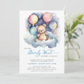 青い風船のクマの赤ちゃんお待ち遠しい男の子ベビーシャワー 招待状 (スタンド正面)