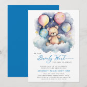 青い風船のクマの赤ちゃんお待ち遠しい男の子ベビーシャワー 招待状 (正面/裏面)
