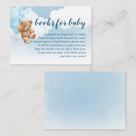 青い風船の本を持つテディベアベビー エンクロージャーカード (正面/裏面)