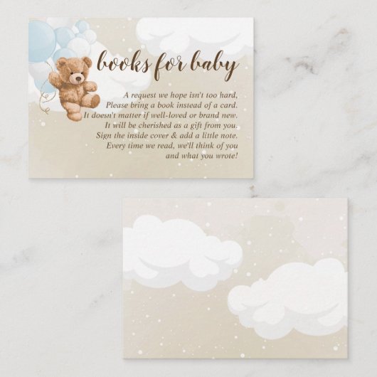 青い風船の本を持つテディベアベビー エンクロージャーカード (正面/裏面)
