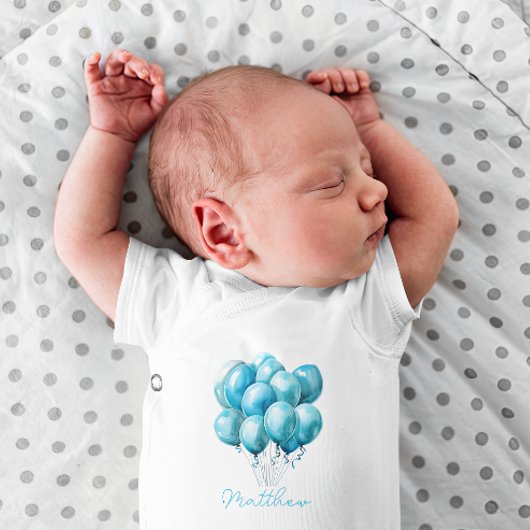 青い風船の水彩 赤ちゃんのベビーシャワー ベビーボディスーツ