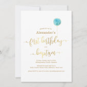 青い風船の洗礼 & 1歳の誕生日 ゴールドスクリプト 招待状 (正面)