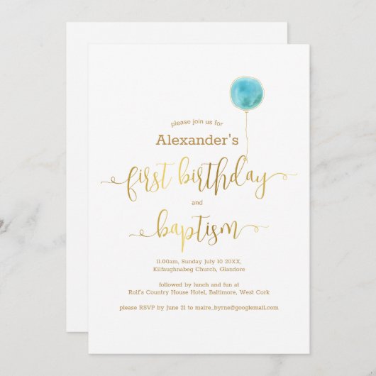青い風船の洗礼 & 1歳の誕生日 ゴールドスクリプト 招待状 (正面/裏面)
