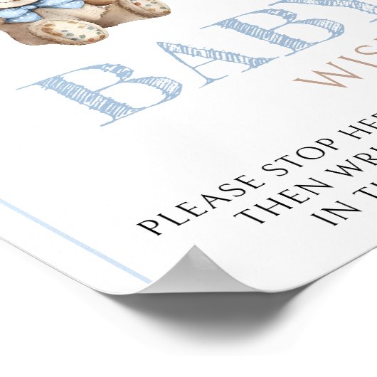 青い風船の赤ちゃんシャワーのサインを保持したテディベア ポスター (角)