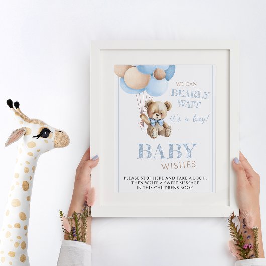 青い風船の赤ちゃんシャワーのサインを保持したテディベア ポスター