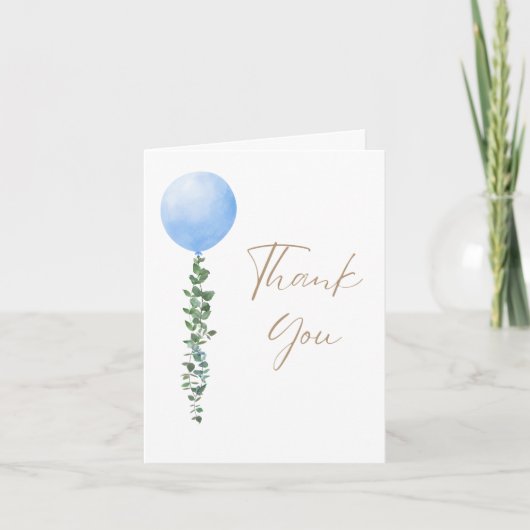 青い風船の赤ちゃん男の子の水彩画 サンキューカード (正面)