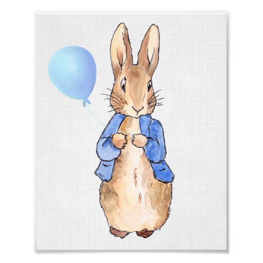 青い風船を持ったグレーの麻織物に描かれたピーター・ザ・ラビット フォトプリント            (正面)