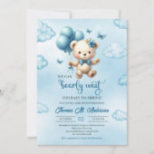 青い風船を持つテディベアを私たちは心から待つ 招待状 (正面)