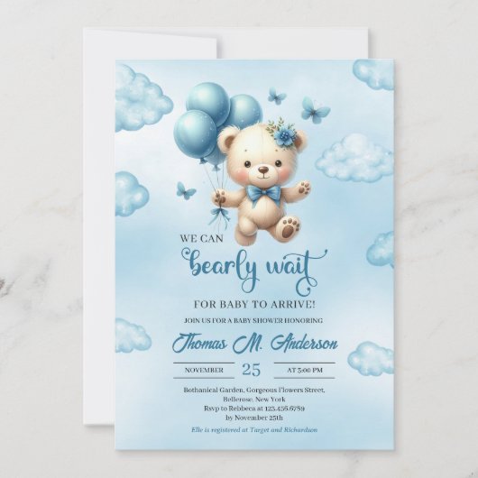 青い風船を持つテディベアを私たちは心から待つ 招待状 (正面)