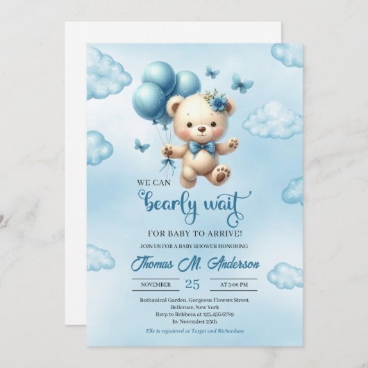 青い風船を持つテディベアを私たちは心から待つ 招待状 (正面/裏面)