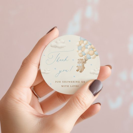 青い風船を持つテディベア ラウンドシール