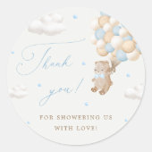 青い風船を持つテディベア ラウンドシール (正面)