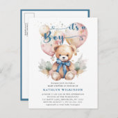 青い風船テディベアかわいい男の子の赤ちゃんシャワー インビテーションポストカード (正面/裏面)