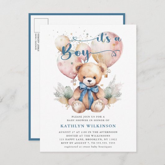 青い風船テディベアかわいい男の子の赤ちゃんシャワー インビテーションポストカード (正面/裏面)